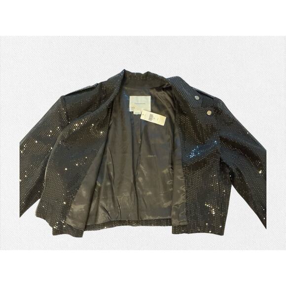 By Anthropologie Sequin Cropped Black Moto Jacket Size Large NWT - Picture 12 of 15